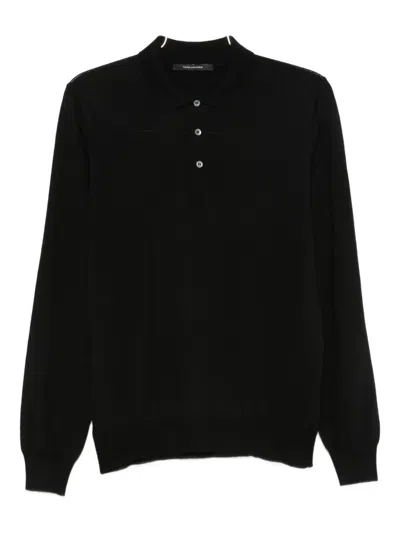 Tagliatore Wool Polo Shirt With Long Sleeves And Ribbed Hem In Black