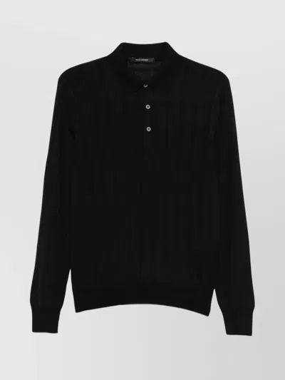 Tagliatore Long Sleeve Polo Shirt With Ribbed Texture In Black