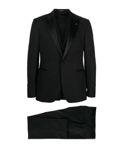 Tagliatore Long-sleeved Coat Belt Ring Trousers Suit In Black