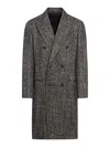 Tagliatore Long Double Breasted Coat In Wool Blend Herringbone In Black