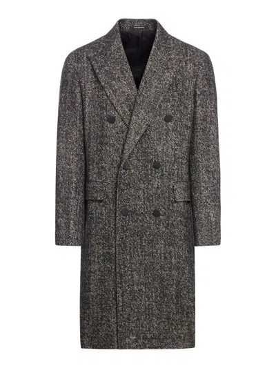 Tagliatore Long Double Breasted Coat In Wool Blend Herringbone In Grey