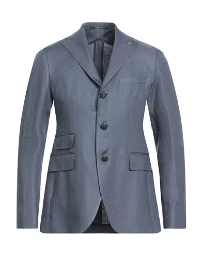 Tagliatore Man Suit Jacket Slate Blue Size 44 Linen