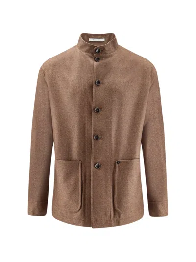 Tagliatore Single-breasted Short Coat In Wool And Cashmere With Mandarin Collar In Brown