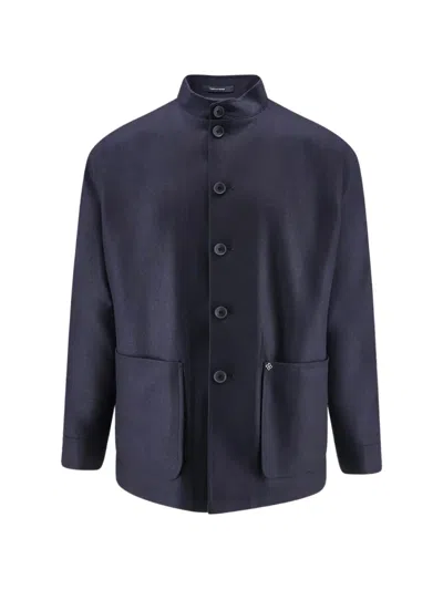 Tagliatore Mandarin-collar Patch-pocket Jacket In Blue