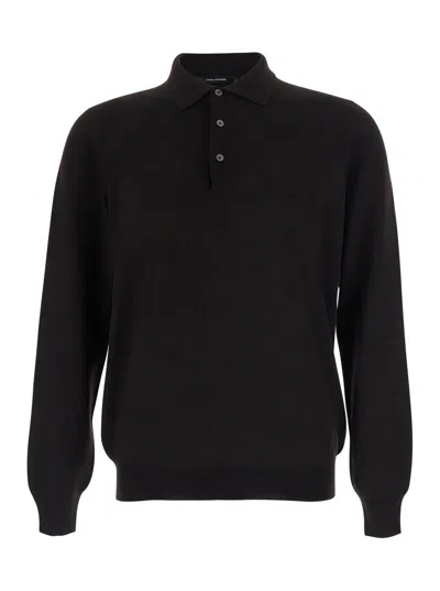 Tagliatore Polo-collar Long-sleeve Polo Shirt In Black