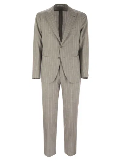 Tagliatore Pinstripe Suit In Wool And Silk In Pearl