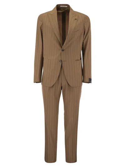 Tagliatore Men Pinstripe Suit In Wool And Silk In Brown