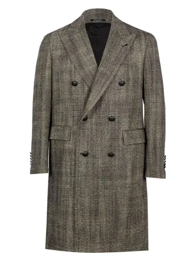 Tagliatore Herringbone-pattern Double-breasted Coat In Black