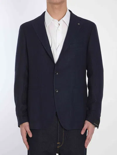 Tagliatore Men Wool And Linen Single-breasted Jacket In Blue
