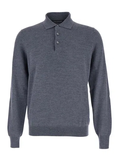 TAGLIATORE GREY POLO SHIRT WITH CLASSIC COLLAR AND RIBBED TRIMS IN WOOL MAN