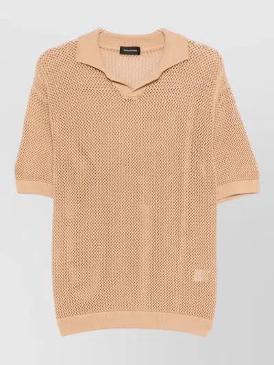 Tagliatore Mesh Crochet Knit Polo Short Sleeves In Nude