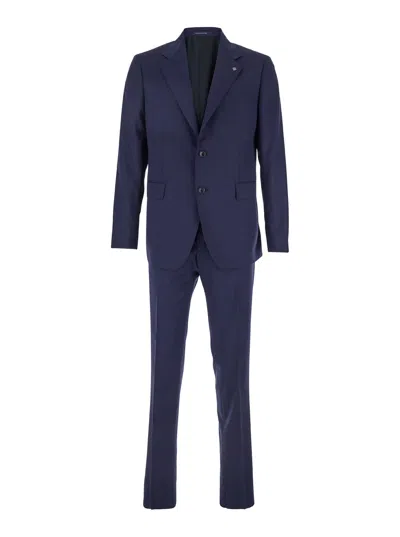 TAGLIATORE BLUE SINGLE-BREASTED SUIT WITH NOTCHED REVERS AND BROOCH DETAIL ON THE FRONT IN WOOL MAN