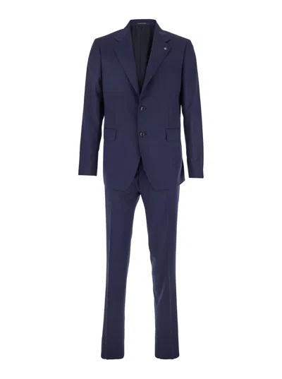 Tagliatore Blue Single-breasted Suit With Notched Revers And Brooch Detail On The Front In Wool Man In Multicolor