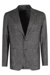 Tagliatore Checkered Wool-silk Blend Blazer With Peaked Lapel In Brown