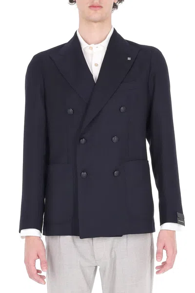 Tagliatore Montecarlo Herringbone Virgin Wool Double-breasted Blazer In Blue