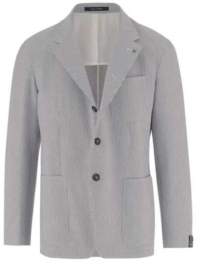 Tagliatore Single Breasted Striped Jacket In Cotton Blend In Gray