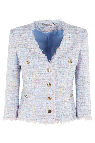Tagliatore Multicolored Tweed Fitted Blazer With Frayed Edges In Gnawed Blue
