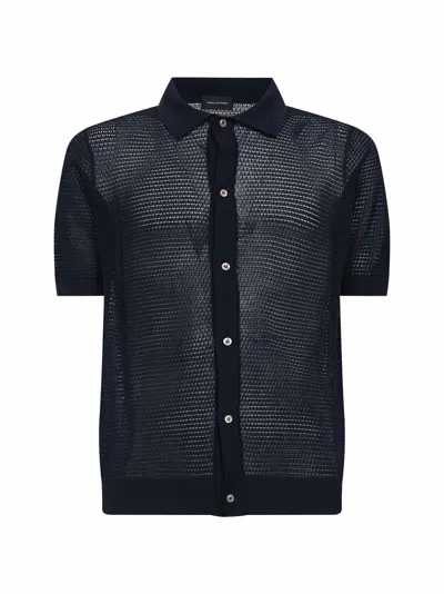 Tagliatore Navy Blue Pointelle Knit Short-sleeved Shirt