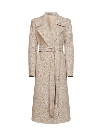 Tagliatore Oatmeal Speckled Herringbone Wool Molly Long Belted Coat In Animal Print