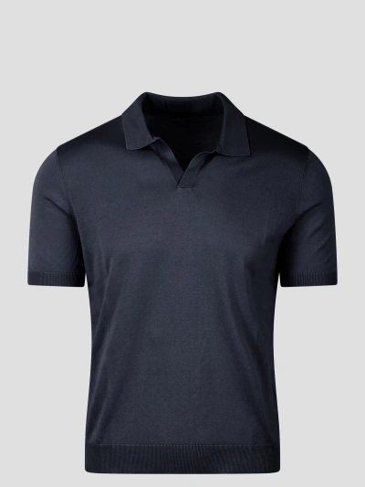Tagliatore Open Collar Knitted Polo Shirt In Blue