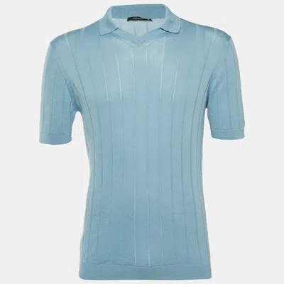 Pre-owned Tagliatore Pale Blue Striped Knit Jude Polo T-shirt L