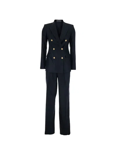Tagliatore Linen Double Breasted Suit Gold Buttons In Blue