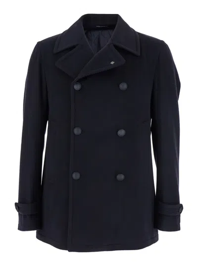 TAGLIATORE BLUE DOUBLE-BREASTED COAT WITH WIDE NOTCHED REVERS IN WOOL BLEND MAN