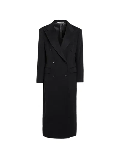 Tagliatore Double-breasted Long Coat In Wool And Kashmir With Peak Lapels In Black