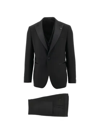 Tagliatore Peak-lapel Single-breasted Three-piece Wool Suit In Black