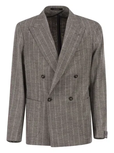 Tagliatore Double-breasted Jacket In Alpaca And Linen In Brown
