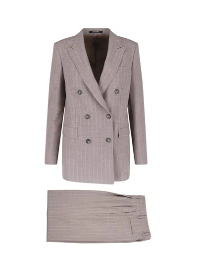 Tagliatore Pinstripe Double-breasted Blazer And Trousers Set In Brown