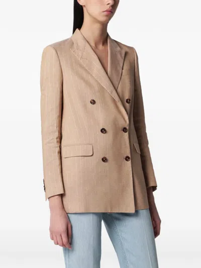 Tagliatore Beige Double-breasted Pinstripe Linen-blend Jacket In Brown
