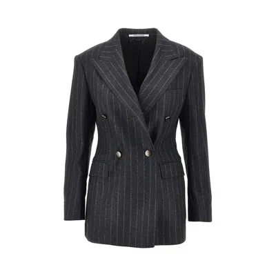 Tagliatore Pinstriped Wool-blend Double-breasted Jacket In Gray