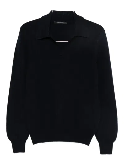 Tagliatore Polo-collar Ribbed-knit Jumper In Blue