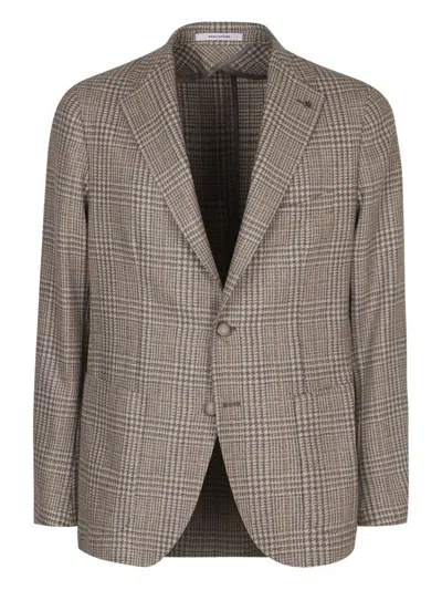 Tagliatore Prince Of Wales Check Lapel Collar Jacket With Front Pockets In Brown
