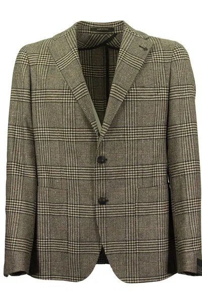 Tagliatore Prince Of Wales Jacket In Wool, Silk And Cashmere In Brown