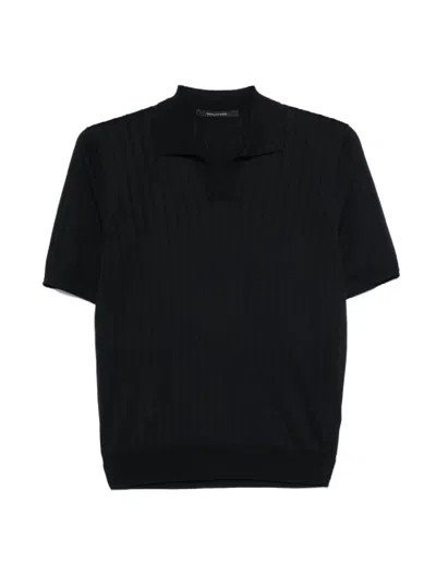 Tagliatore Ribbed Black Polo With Classic Collar