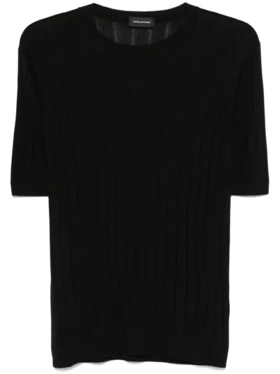 Tagliatore Ribbed Silk-viscose Blend Polo With Fitted Silhouette In Black