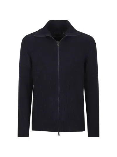 Tagliatore Ribbed-knit Zip-up Cardigan In Blue