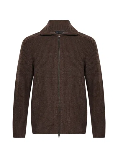 Tagliatore Ribbed-knit Zip-up Cardigan In Brown