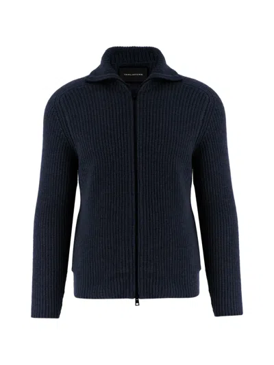 Tagliatore Navy Ribbed Virgin Wool Double-zipper Zip-through Knit In Blue