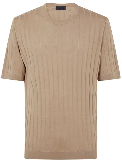 Tagliatore Lightweight Ribbed Texture Round Neck T-shirt In Brown