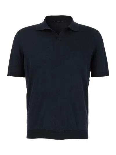 TAGLIATORE BLUE POLO SHIRT WITH BUTTONLESS COLLAR AND RIBBED TRIMS IN SILK MAN