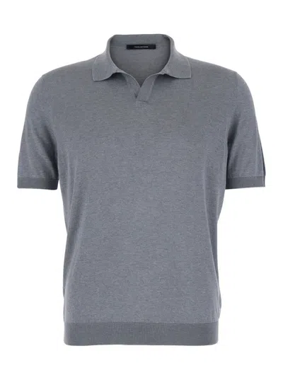 TAGLIATORE GREY POLO SHIRT WITH BUTTONLESS COLLAR AND RIBBED TRIMS