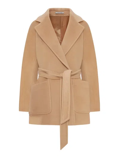 Tagliatore Short Belted Wool-silk Blend Coat In Neutral