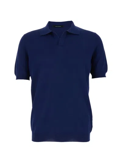 Tagliatore Blue Polo Shirt With Wide Collar In Cotton Man