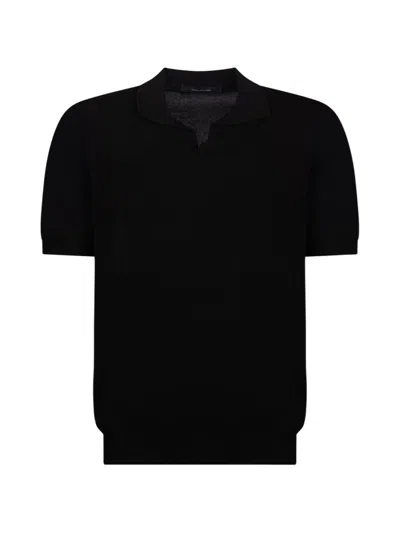 Tagliatore Short Sleeve Polo With Buttonless Collar And V-neck In Black