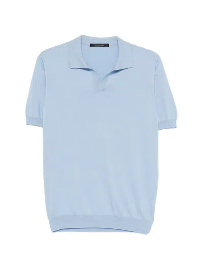 Tagliatore Short Sleeve Polo With Collar And V-neck In Blue