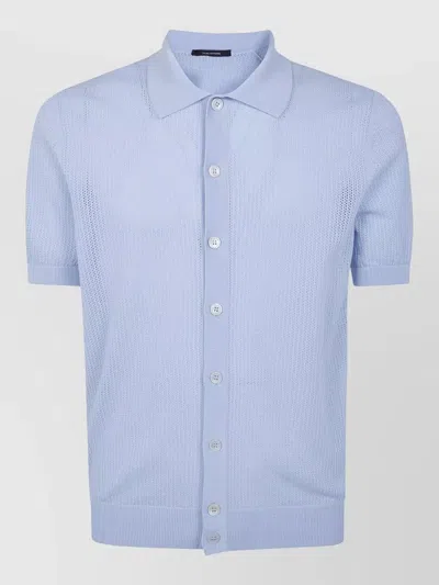 Tagliatore Short Sleeve Shirt Textured Knit Collar In Blue