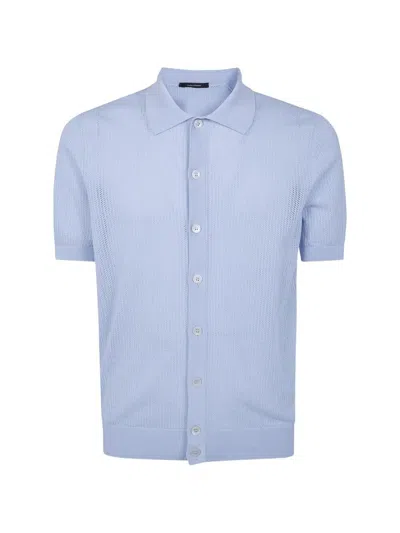 Tagliatore Short Sleeve Shirt Textured Knit Collar In Blue